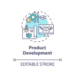 Product development concept icon. Technology innovation. Modeling device. Product management idea thin line illustration. Vector isolated outline RGB color drawing. Editable stroke