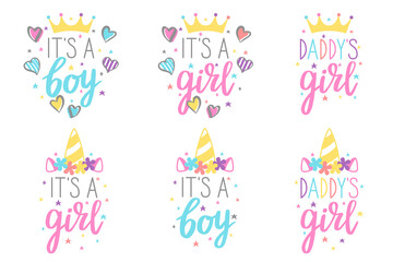 It´s  a girl,  It´s  a boy, Daddy´s girl – baby cute prints colection.  Its a boy and its a girl phrases. Vector.