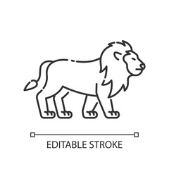 Lion pixel perfect linear icon. Too inhabitant. African safari, savanna thin line customizable illustration. Contour symbol. Wild cat with mane vector isolated outline drawing. Editable stroke