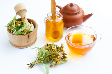 herbal Cup of healthy tea from linden flowers. alternative, complementary traditional medicine concept improve the functioning of the stomach
