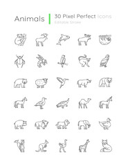 Animals pixel perfect linear icons set. Different wildlife, diverse fauna customizable thin line contour symbols. Flying, land and sea creatures. Isolated vector outline illustrations. Editable stroke