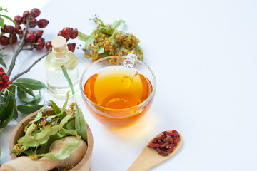 herbal Cup of healthy tea from linden flowers. alternative, complementary traditional medicine concept improve the functioning of the stomach