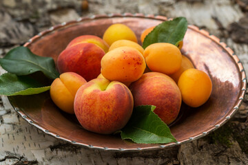 Ripe peaches and apricots on a copper plate and the textural natural wooden background
