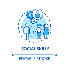 Children social skills concept icon. Toddlers interaction and communication. Early childhood socialization idea thin line illustration. Vector isolated outline RGB color drawing. Editable stroke