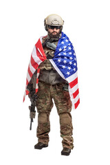American soldier in uniform with usa flag on a white background, commando with weapons hero of america