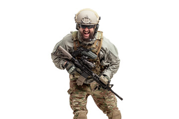 angry soldier in military equipment with a gun screaming on a white background, a commando in uniform with a rifle attacks in a rage