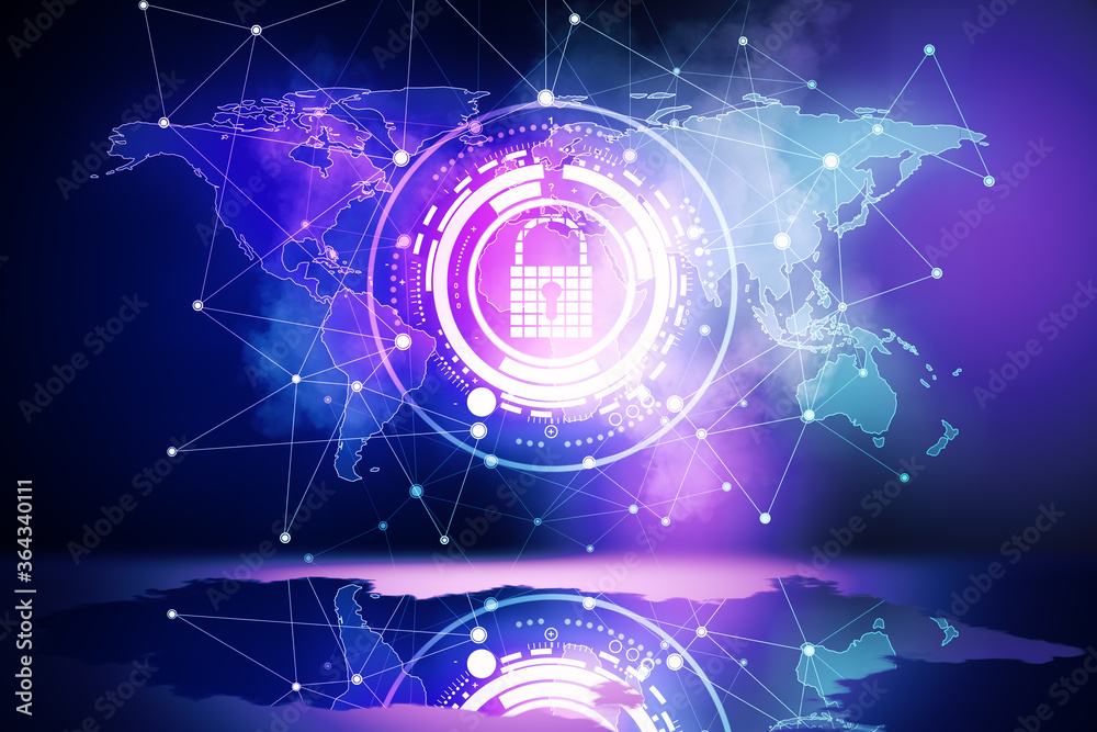 Poster Digital padlock, polygonal map and data protection interface.