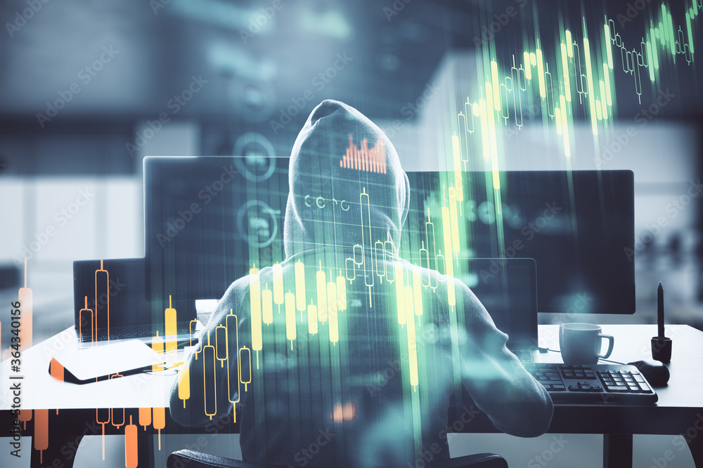 Poster Unrecognizable hacker using computer with stock chart.