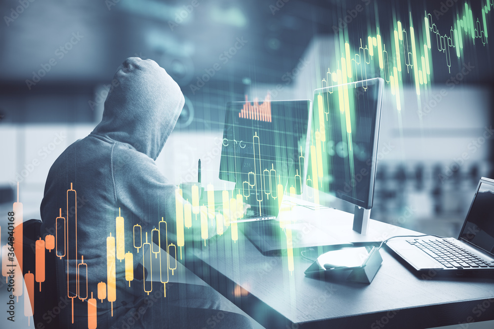 Poster Hacker using computer with stock chart and  business statistics hologram