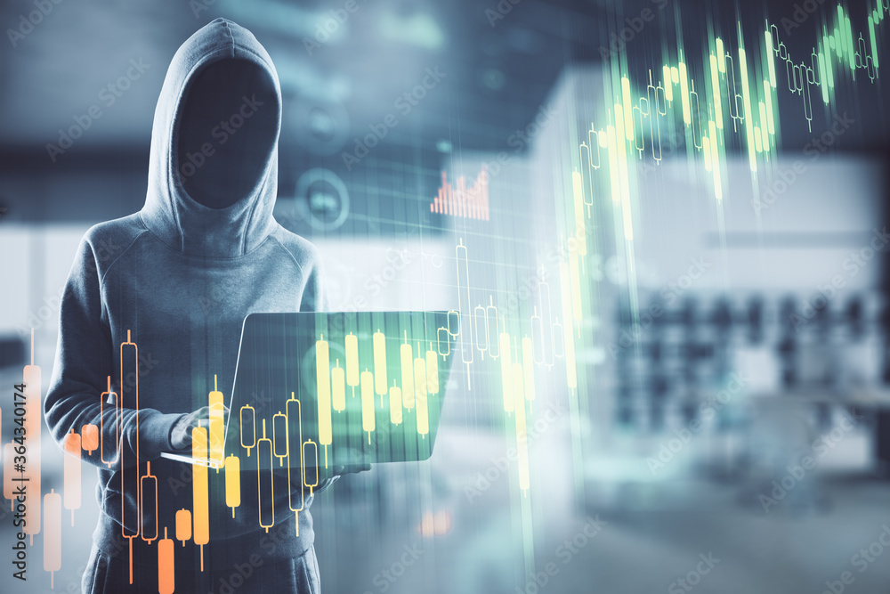 Poster Hacker using laptop with glowing stock chart