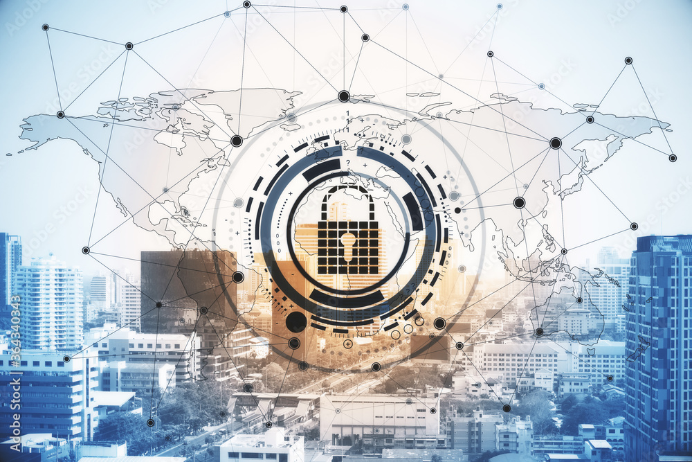 Poster Digital padlock, polygonal map and data protection interface