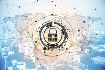 Abstract digital padlock, polygonal and world map