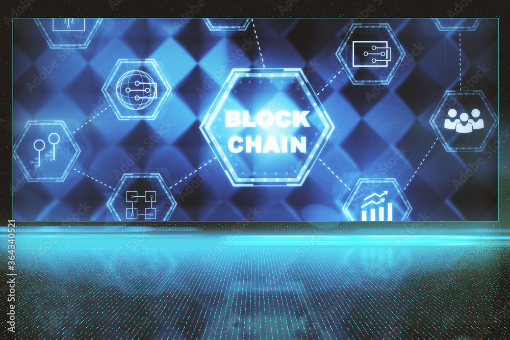 Poster Creative blockchain hologram on virtual screen.