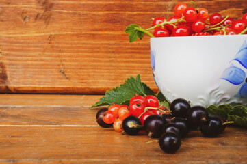 red and black currants in a white mug on a wooden background, copy space
