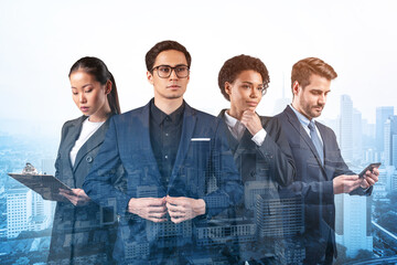Group of four business colleagues in suits working and dreaming about new career opportunities after MBA graduation. Concept of multinational corporate team. Kuala Lumpur. Double exposure.