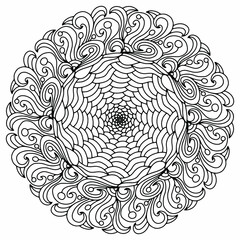 mandala with line ornaments and abstract flowers drawn on a white background for coloring, vector