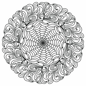 mandala with line ornaments and abstract flowers drawn on a white background for coloring, vector