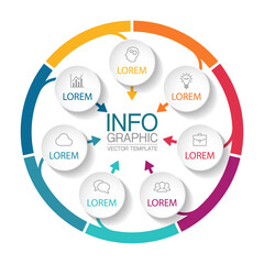 Vector infographic template, circle with 7 steps or options. Data presentation, business concept design for web, brochure, diagram.