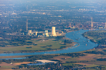 Rhine River bend in Duisburg with agricultural, industrial and residential districts in the Lower Rhine Region of Germany