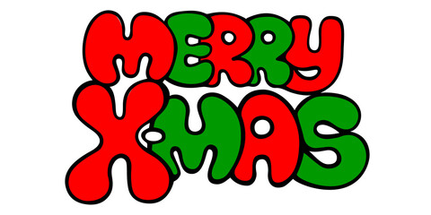 Merry Xmas sign in red and green, funny doodle lettering design element, vector hand written text isolated on white