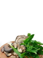 Fresh oyster mushrooms, spinach, green onions on a board