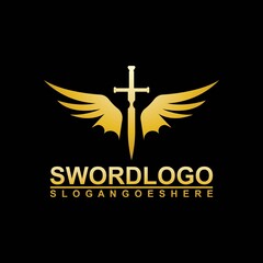 Gold Sword Winged Logo Vector Template Design