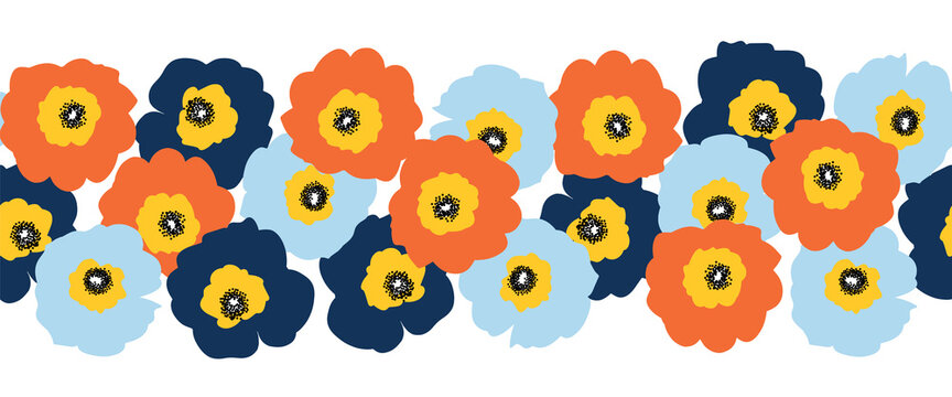 Seamless Vector Flower Border Red Orange And Blue Flowers. Repeating Floral Pattern Scandinavian Style. Poppy Flowers. Use For Fabric Trim, Ribbons, Summer Decor