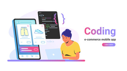 Coding e-commerce mobile app for online store. Flat vector illustration of cute woman sitting with laptop and working with css script and preview on smartphone behind. Application developement process