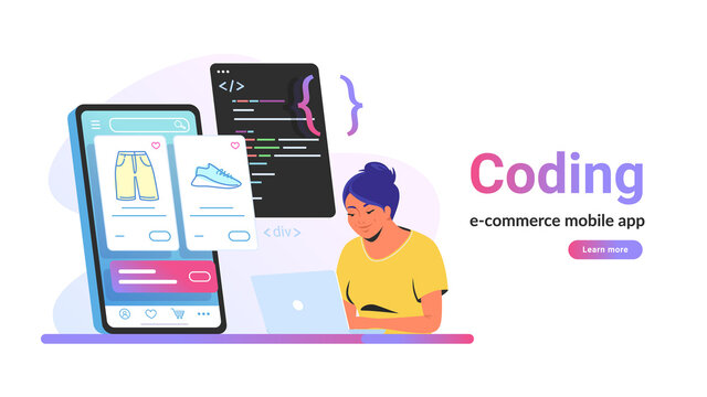 Coding e-commerce mobile app for online store. Flat vector illustration of cute woman sitting with laptop and working with css script and preview on smartphone behind. Application developement process