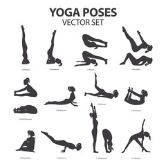 Female Yoga Icon Silhouette Set. Vector Illustration of Cartoon Woman in Various Poses of Yoga, Collection. Isolated on White Background