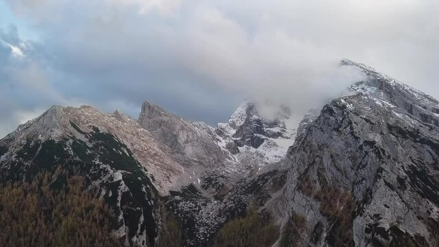 Aerial time lapse flight near Watzmann and Hochkalter mountains, Ramsau, Berchtesgaden, Germany