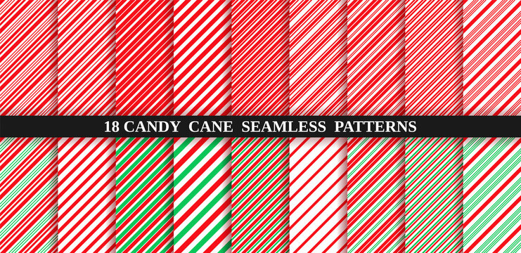 Candy cane stripe seamless pattern. Vector. Christmas candycane background red and green. Wrapping paper. Set of holiday textures. Peppermint caramel diagonal print. Classic winter illustration.