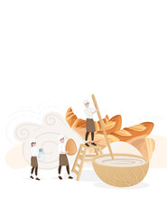 Bakery manufacturer male and female chef cooking professional bakery cartoon character design flat vector illustration on white background