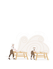 Obraz na płótnie Canvas Professional chef male and female making dough for baking working on wooden tables cartoon character design flat vector illustration on white background