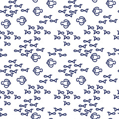 Vector seamless pattern. Doodle Cute fish swim in different directions. Outline style. For the textile, paper, background and other surface.