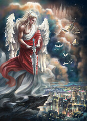 Fair-haired angel in antique clothing and a red mantle with a sword in his hands descended from heaven from the upper world and watches people on the planet Earth. Guardian angel. Digital illustration
