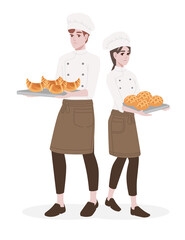 Male and female chef cook with baking tray professional bakery cartoon character design flat vector illustration isolated on white background