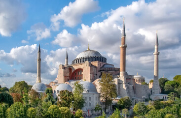 Istanbul Turkey – April 05, 2019:  Sunny day architecture and Hagia Sophia Museum, in Eminonu, istanbul, Turkey  