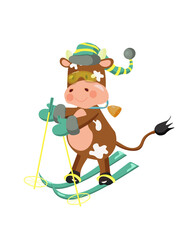 A bull wearing striped hat, mittens and glasses skiing. Vector illustration.