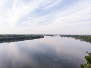 Fototapeta na wymiar Aerial Drone view of Danube river and blue sky. Beautiful amazing landscape image of Danube river.