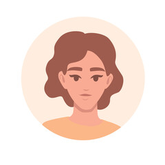 Flat portrait avatar icon for social platforms with young woman on beige circle vector illustration on white background