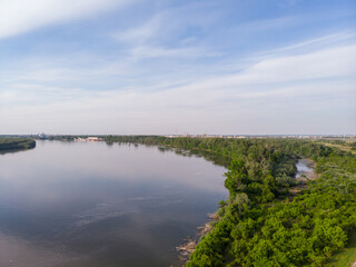 Fototapeta na wymiar Aerial Drone view of Danube river and blue sky. Beautiful amazing landscape image of Danube river.