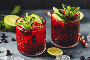 Freshmade cocktail with blackberry and mint