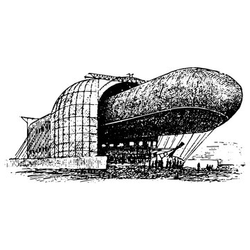 black and white airship in hangar clip art preview
