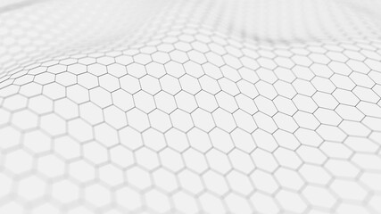 Futuristic white hexagon background. Futuristic honeycomb concept. Wave of particles. 3D rendering.