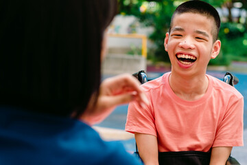 Disabled child on wheelchair happy time to home school and reading a book, Study and Work at home...