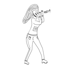 Character of female office worker, businesswoman, suite man, holding fists, celebrating, shouting, happy, excited, winning in success. Outline hand draw, sketch design, simple style.