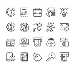 Business finance and money line web pictogram icon isolated set. Vector flat graphic design cartoon