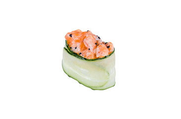 Japanese Gunkan Green Sushi with salmon and flying fish roe. Gunkan-poppy with Tobiko caviar, rice, salmon wrapped in cucumber. Side view Pan Asian dish Gunkan Sake Maki isolated on white background
