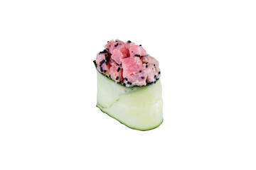 Japanese Gunkan Green Sushi with Tobiko caviar, rice and tuna wrapped in cucumber. Side view Pan Asian dish Gunkan Maki isolated on white background. Kappa Maguro nigiri with Japanese mayonnaise
